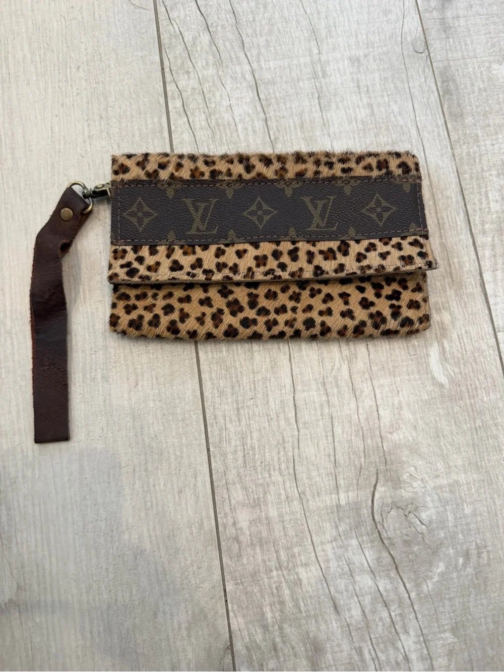 Upcycled Leopard Print Wristlet Clutch - Brown